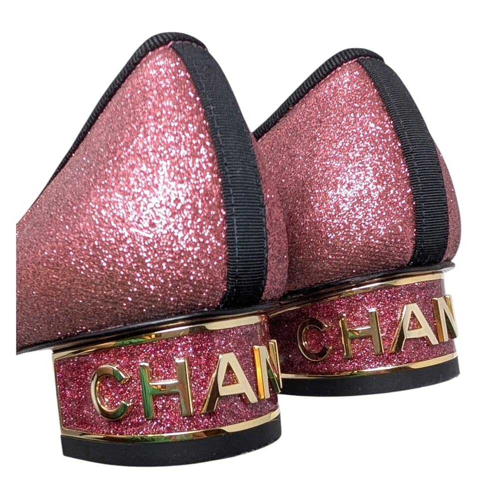 Chanel Ballet Block Heel Pumps Pink Glitter Grosgrain Cap Toe CC Logo 37.5 | 7 - Picture 3 of 13